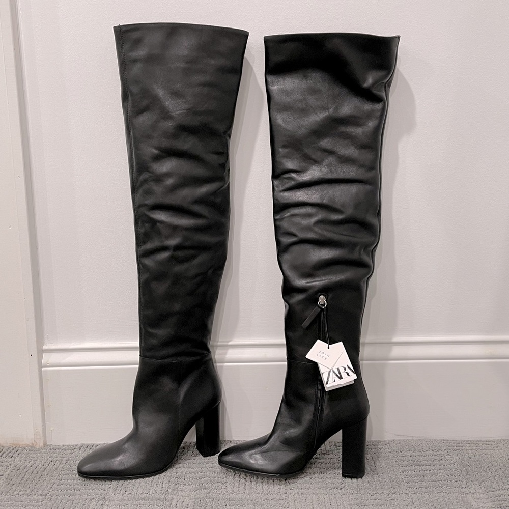 Zara Black Leather Over The Knee Boot 7.5 (38) NWT